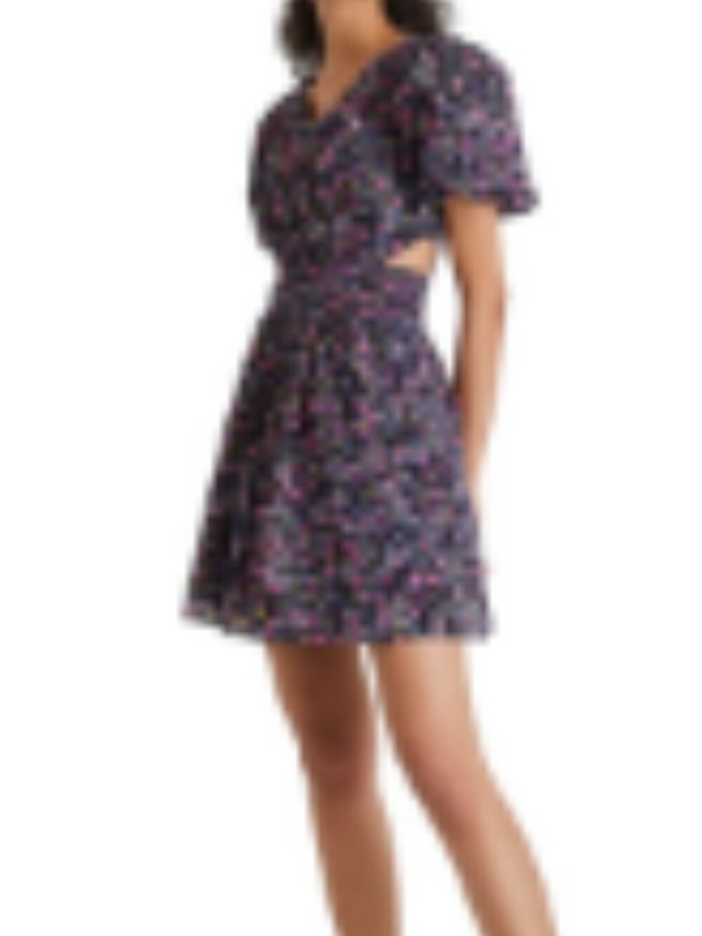 NWT French Connection Dress Navy Blue Eyelet Floral Pink Puff Sleeve Cutout Mini